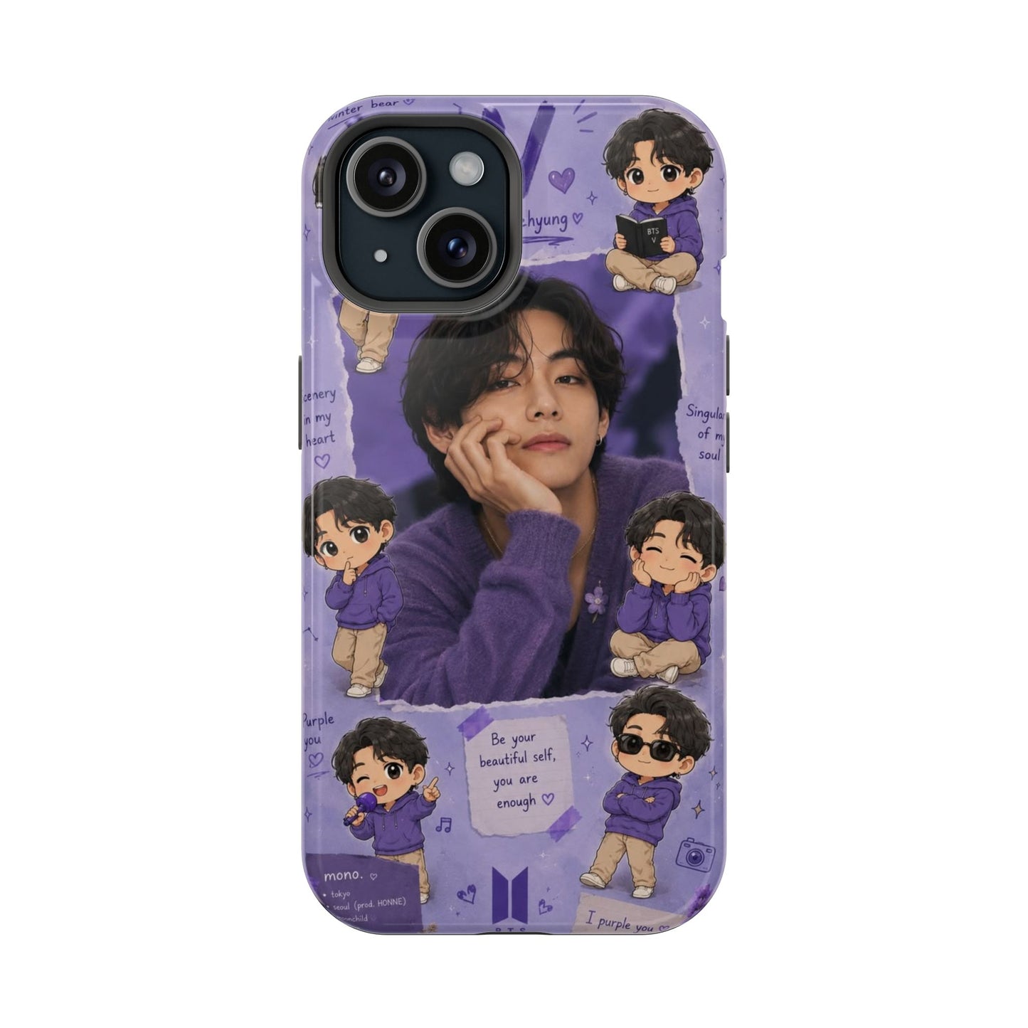 BTS V (Kim Taehyung) Purple Chibi Collage Phone Case | Cute K-Pop Aesthetic Protective Cover