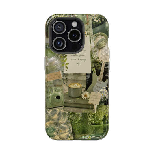 Green Cottagecore Aesthetic Collage iPhone Case | Nature, Coffee & Vintage Vibes