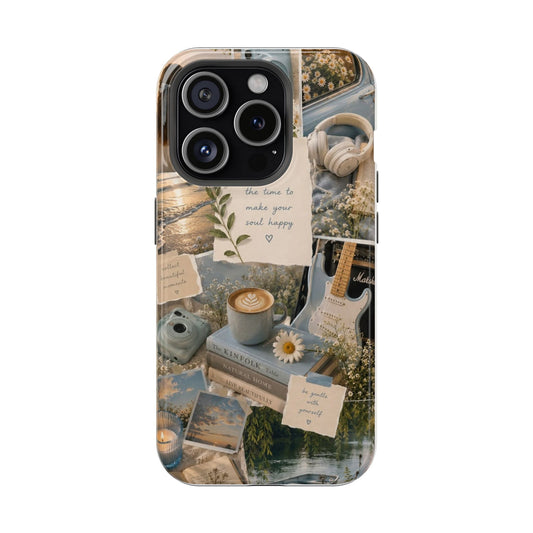 Blue Cottagecore Aesthetic Collage iPhone Case | Coffee, Books & Coastal Vibes