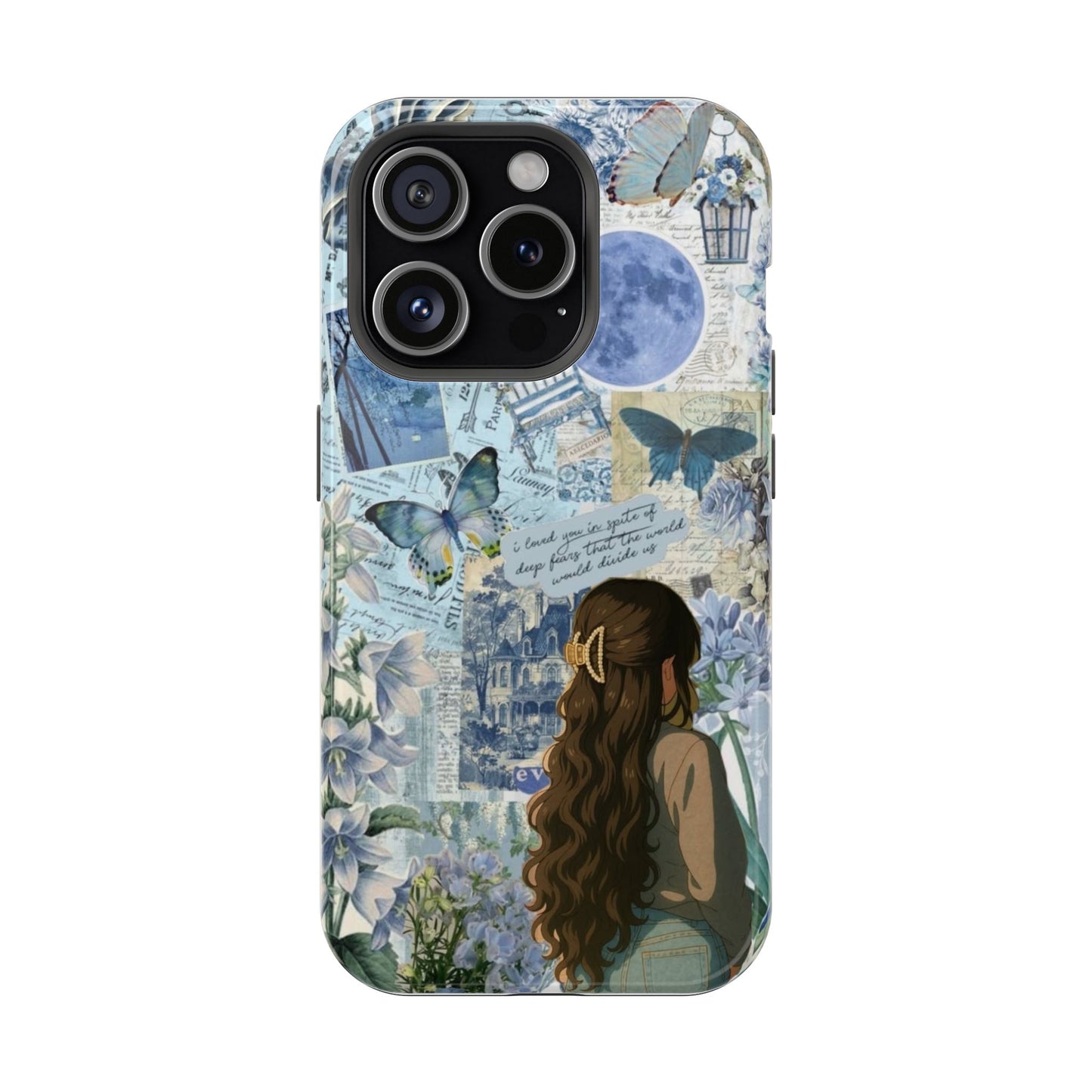 Blue Butterfly Vintage Aesthetic Phone Case | Floral Moon Collage Cover