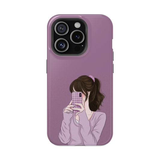 Purple Anime Selfie Girl iPhone Case | Cute Lavender Aesthetic Phone Cover