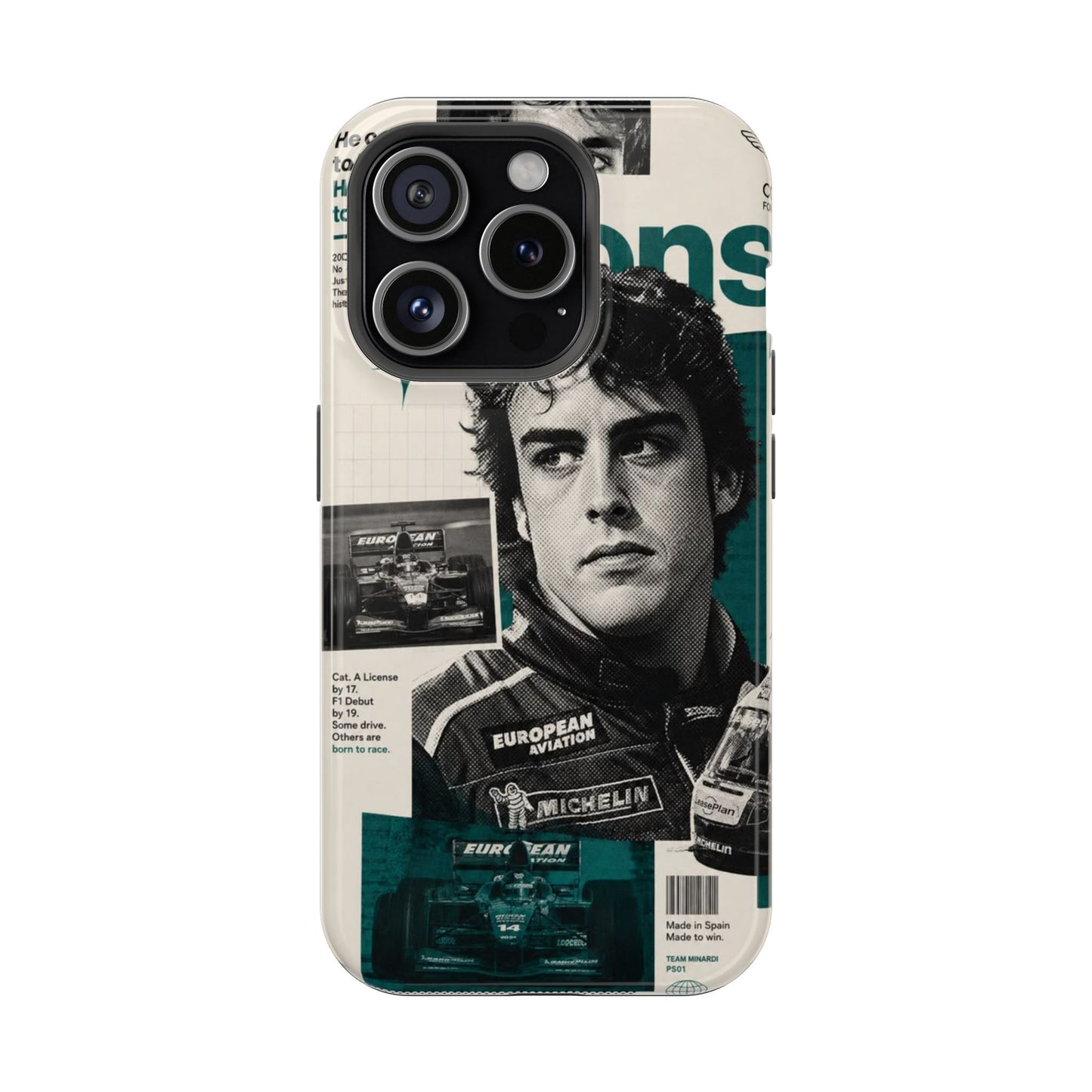 Fernando Alonso Vintage Formula 1 Collage Phone Case – Premium Racing Cover